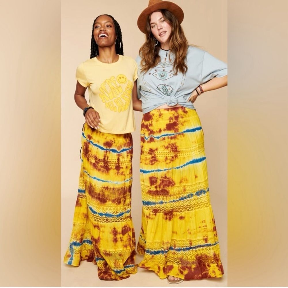 Earthbound Yellow Tie Dye Lace Maxi Skirt Size S
